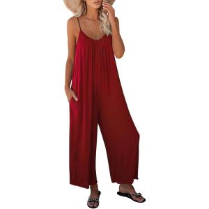 imageANRABESS Women Jumpsuits 2026 Casual Sleeveless Spaghetti Strap Boho Wide Leg Rompers Summer Outfits Beach Vacation ClothesBurgundy