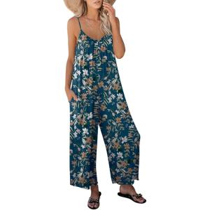 imageANRABESS Women Jumpsuits 2026 Casual Sleeveless Spaghetti Strap Boho Wide Leg Rompers Summer Outfits Beach Vacation ClothesFloral Print
