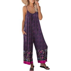imageANRABESS Women Jumpsuits 2026 Casual Sleeveless Spaghetti Strap Boho Wide Leg Rompers Summer Outfits Beach Vacation ClothesFloral Purple