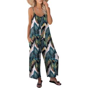 imageANRABESS Women Jumpsuits 2026 Casual Sleeveless Spaghetti Strap Boho Wide Leg Rompers Summer Outfits Beach Vacation ClothesLeaf Print
