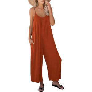 imageANRABESS Women Jumpsuits 2026 Casual Sleeveless Spaghetti Strap Boho Wide Leg Rompers Summer Outfits Beach Vacation ClothesRust