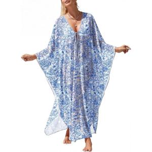 imageANRABESS Women Kaftan Moo Moos Dresses Floral Batwing Sleeve V Neck Beach Swimsuit Cover Up Caftan Maxi DressBlue Flower