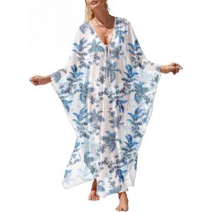 imageANRABESS Women Kaftan Moo Moos Dresses Floral Batwing Sleeve V Neck Beach Swimsuit Cover Up Caftan Maxi DressBlue Leaves