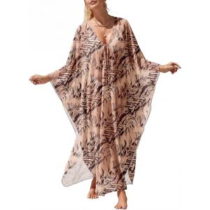 imageANRABESS Women Kaftan Moo Moos Dresses Floral Batwing Sleeve V Neck Beach Swimsuit Cover Up Caftan Maxi DressKhaki Brown Floral