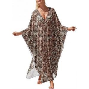imageANRABESS Women Kaftan Moo Moos Dresses Floral Batwing Sleeve V Neck Beach Swimsuit Cover Up Caftan Maxi DressLeopard