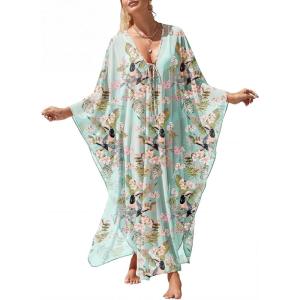 imageANRABESS Women Kaftan Moo Moos Dresses Floral Batwing Sleeve V Neck Beach Swimsuit Cover Up Caftan Maxi DressPink Floral