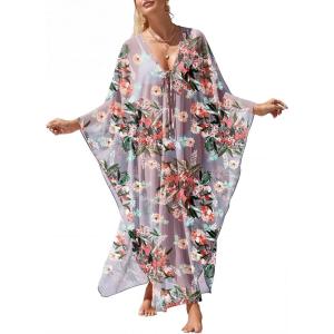 imageANRABESS Women Kaftan Moo Moos Dresses Floral Batwing Sleeve V Neck Beach Swimsuit Cover Up Caftan Maxi DressRed Flowers Green Leaves