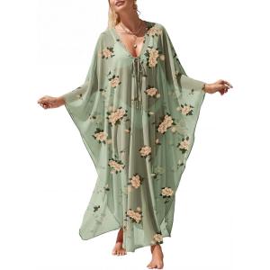 imageANRABESS Women Kaftan Moo Moos Dresses Floral Batwing Sleeve V Neck Beach Swimsuit Cover Up Caftan Maxi DressYellow Floral Green