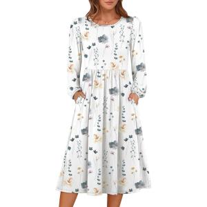 imageANRABESS Women Long Sleeve Midi Dress Crewneck 2025 Fall Fashion Casual Flowy ALine Long Dresses Vacation Outfit with PocketFloral White