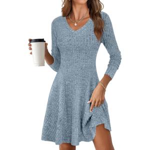 imageANRABESS Women Long Sleeve Ribbed Knit Short Dresses 2026 Spring V Neck Casual Swing A Line Sweater DressBlue