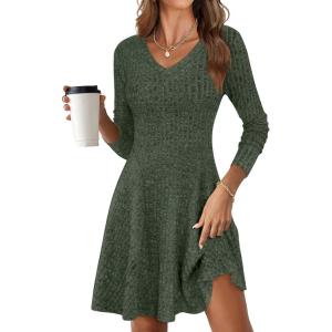 imageANRABESS Women Long Sleeve Ribbed Knit Short Dresses 2026 Spring V Neck Casual Swing A Line Sweater DressDeep Green