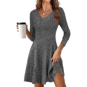 imageANRABESS Women Long Sleeve Ribbed Knit Short Dresses 2026 Spring V Neck Casual Swing A Line Sweater DressDeep Grey