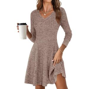 imageANRABESS Women Long Sleeve Ribbed Knit Short Dresses 2026 Spring V Neck Casual Swing A Line Sweater DressKhaki