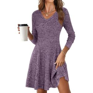 imageANRABESS Women Long Sleeve Ribbed Knit Short Dresses 2026 Spring V Neck Casual Swing A Line Sweater DressPurple