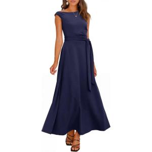 imageANRABESS Women One Off Shoulder Wedding Guest Formal Dress Sleeveless Flowy Spring Summer Cocktail Evening Maxi Dresses 2026Navy Blue