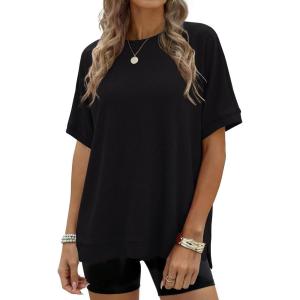 imageANRABESS Women Oversized Waffle Knit TShirts Summer Casual Short Sleeve Tunic Tops Side Spilt Tee Shirts 2026 Trendy ClothesBlack
