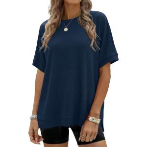 imageANRABESS Women Oversized Waffle Knit TShirts Summer Casual Short Sleeve Tunic Tops Side Spilt Tee Shirts 2026 Trendy ClothesBlue