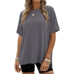 imageANRABESS Women Oversized Waffle Knit TShirts Summer Casual Short Sleeve Tunic Tops Side Spilt Tee Shirts 2026 Trendy ClothesGrey