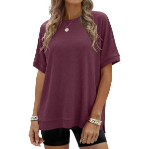 imageANRABESS Women Oversized Waffle Knit TShirts Summer Casual Short Sleeve Tunic Tops Side Spilt Tee Shirts 2026 Trendy ClothesMauve