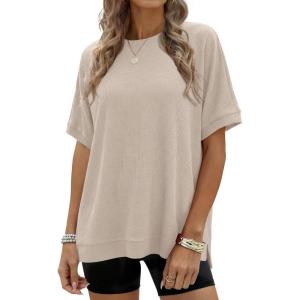 imageANRABESS Women Oversized Waffle Knit TShirts Summer Casual Short Sleeve Tunic Tops Side Spilt Tee Shirts 2026 Trendy ClothesParchment