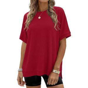 imageANRABESS Women Oversized Waffle Knit TShirts Summer Casual Short Sleeve Tunic Tops Side Spilt Tee Shirts 2026 Trendy ClothesRed