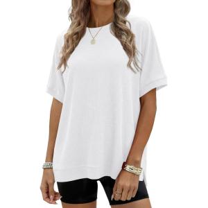 imageANRABESS Women Oversized Waffle Knit TShirts Summer Casual Short Sleeve Tunic Tops Side Spilt Tee Shirts 2026 Trendy ClothesWhite