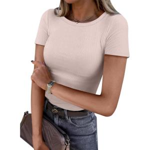 imageANRABESS Women Short Sleeve Crewneck Ribbed Knit Slim Fitted Shirts Summer Tops Basic Tee Casual 2026 Spring Outfits ClothesApricot