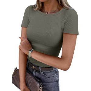 imageANRABESS Women Short Sleeve Crewneck Ribbed Knit Slim Fitted Shirts Summer Tops Basic Tee Casual 2026 Spring Outfits ClothesArmy Green