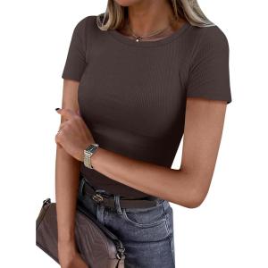 imageANRABESS Women Short Sleeve Crewneck Ribbed Knit Slim Fitted Shirts Summer Tops Basic Tee Casual 2026 Spring Outfits ClothesBrown