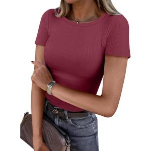 imageANRABESS Women Short Sleeve Crewneck Ribbed Knit Slim Fitted Shirts Summer Tops Basic Tee Casual 2026 Spring Outfits ClothesBurgundy