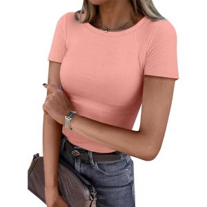 imageANRABESS Women Short Sleeve Crewneck Ribbed Knit Slim Fitted Shirts Summer Tops Basic Tee Casual 2026 Spring Outfits ClothesCoral