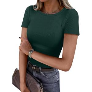 imageANRABESS Women Short Sleeve Crewneck Ribbed Knit Slim Fitted Shirts Summer Tops Basic Tee Casual 2026 Spring Outfits ClothesForest Green