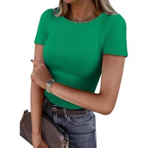 imageANRABESS Women Short Sleeve Crewneck Ribbed Knit Slim Fitted Shirts Summer Tops Basic Tee Casual 2026 Spring Outfits ClothesGreen