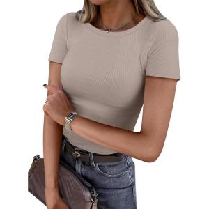 imageANRABESS Women Short Sleeve Crewneck Ribbed Knit Slim Fitted Shirts Summer Tops Basic Tee Casual 2026 Spring Outfits ClothesLight Khaki