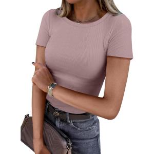 imageANRABESS Women Short Sleeve Crewneck Ribbed Knit Slim Fitted Shirts Summer Tops Basic Tee Casual 2026 Spring Outfits ClothesNutmeg