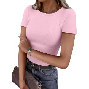 imageANRABESS Women Short Sleeve Crewneck Ribbed Knit Slim Fitted Shirts Summer Tops Basic Tee Casual 2026 Spring Outfits ClothesPink