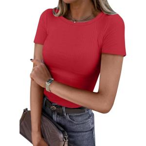 imageANRABESS Women Short Sleeve Crewneck Ribbed Knit Slim Fitted Shirts Summer Tops Basic Tee Casual 2026 Spring Outfits ClothesRed
