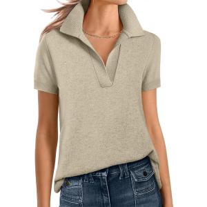 imageANRABESS Women Short Sleeve Sweater Wool Blend Polo V Neck Shirts Summer Dressy Top Business Casual Spring Vacation ClothesAlmond