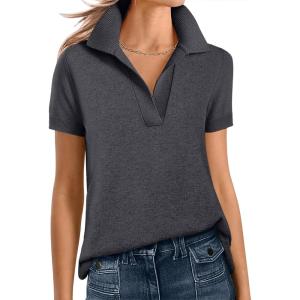 imageANRABESS Women Short Sleeve Sweater Wool Blend Polo V Neck Shirts Summer Dressy Top Business Casual Spring Vacation ClothesDark Gray
