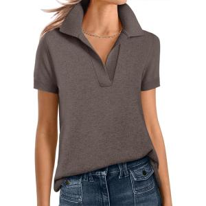 imageANRABESS Women Short Sleeve Sweater Wool Blend Polo V Neck Shirts Summer Dressy Top Business Casual Spring Vacation ClothesDrak Taupe