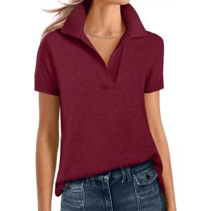 imageANRABESS Women Short Sleeve Sweater Wool Blend Polo V Neck Shirts Summer Dressy Top Business Casual Spring Vacation ClothesWine Red