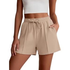 imageANRABESS Women Shorts 2026 Summer Casual High Waist Drawstring Elevated Seams Loose Soft Sweat Lounge Shorts with PocketsAlmond