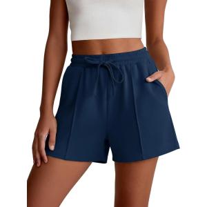 imageANRABESS Women Shorts 2026 Summer Casual High Waist Drawstring Elevated Seams Loose Soft Sweat Lounge Shorts with PocketsNavy Blue