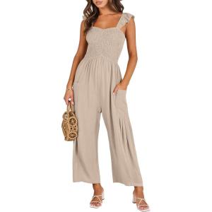 imageANRABESS Women Summer Casual Dressy Sleeveless Smocked Wide Leg Linen Jumpsuits Rompers 2026 Trendy Travel Outfit PocketApricot