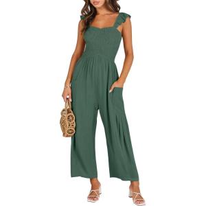 imageANRABESS Women Summer Casual Dressy Sleeveless Smocked Wide Leg Linen Jumpsuits Rompers 2026 Trendy Travel Outfit PocketForest
