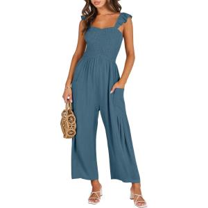 imageANRABESS Women Summer Casual Dressy Sleeveless Smocked Wide Leg Linen Jumpsuits Rompers 2026 Trendy Travel Outfit PocketTeal