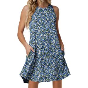 imageANRABESS Women Summer Dress Built in Bra 2026 Casual Sleeveless Beach Sundress Flowy Tank Mini Short Dresses with PocketsBlue White Green Floral