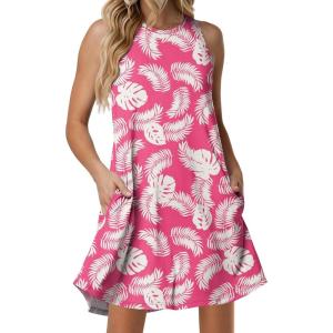 imageANRABESS Women Summer Dress Built in Bra 2026 Casual Sleeveless Beach Sundress Flowy Tank Mini Short Dresses with PocketsPink White Leaf