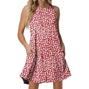 imageANRABESS Women Summer Dress Built in Bra 2026 Casual Sleeveless Beach Sundress Flowy Tank Mini Short Dresses with PocketsRed White Floral