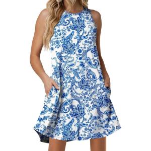 imageANRABESS Women Summer Dress Built in Bra 2026 Casual Sleeveless Beach Sundress Flowy Tank Mini Short Dresses with PocketsWhite Blue Print